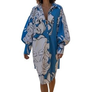 # A087   N BY NANCY   Blue Floral Puff Sleeve  Shirt Dress | Size S | NWT